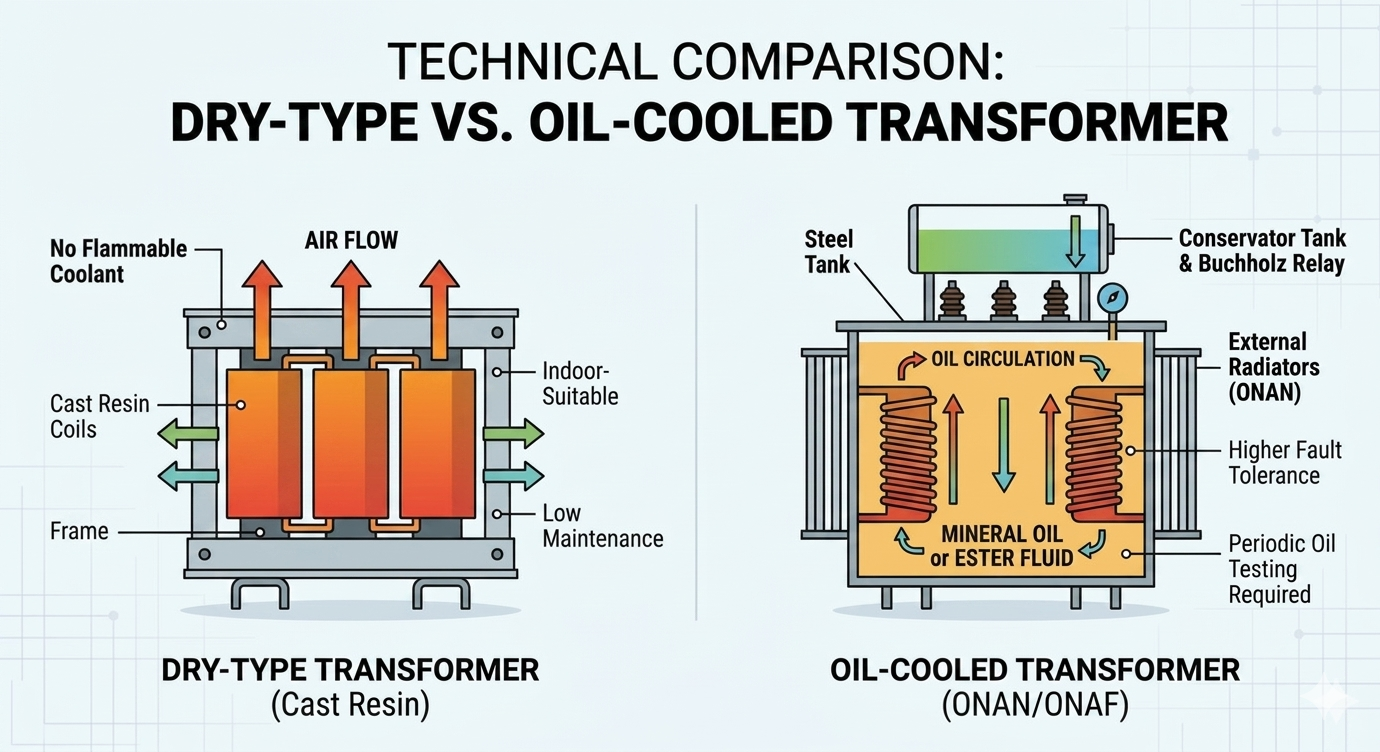 Technical Comparison: Dry-Type vs Oil-Cooled Transformer — KLR Transformers infographic